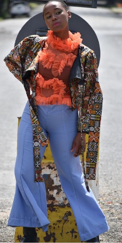Patchwork coat with organza collar and wide trousers